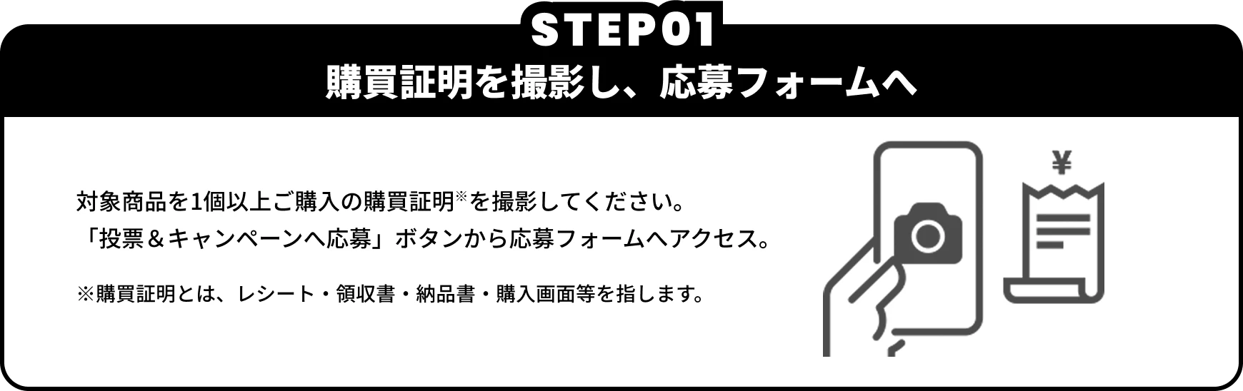 STEP01　購買証明を撮影し、応募フォームへ　対象商品を1個以上ご購入の購買証明※を撮影してください。「投票＆キャンペーンへ応募」ボタンから応募フォームへアクセス。　※購買証明とは、レシート・領収書・納品書・購入画面等を指します。