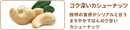 コク深いカシューナッツ：独特の食感がシリアルと合うまろやかでほんのり甘いカシューナッツ