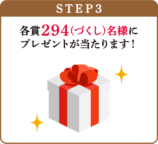 STEP3：各賞294(づくし)名様にプレゼントが当たります！